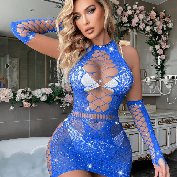 Babydoll with Gloves and Rhinestones S/L - Blue