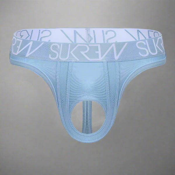 Light blue men's underwear with a white logo band on a white background