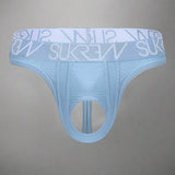 Light blue men's underwear with a white logo band on a white background
