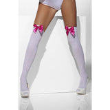 Fever - White Opaque Hold Ups with Fuchsia Bows