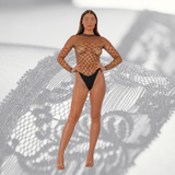 Fence Net Long Sleeved Thong Bodysuit