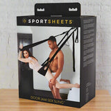 Box of Sportsheets Door Jam Sex Sling with a man and woman using it.