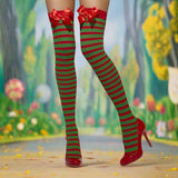 Fever Opaque Hold-Ups, Red & Green, Striped with Bows