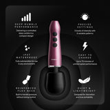 A pink and black DOXI personal massager shown on a black background with feature callouts around it, including deep rumble performance, precise settings, IPX7 waterproof, easy to charge, reinforced flex neck, and quiet lightweight design.