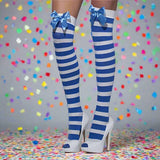 Opaque Hold-Ups, Blue & White, Striped with Bows Lingerie & Clothing My Amazing Fantasy 