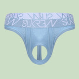 Light blue men's underwear with a white logo band on a white background