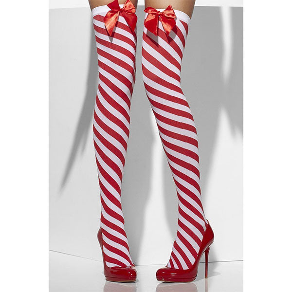 Fever - Red and White Striped Opaque Hold Ups with Red Bows Womens Lingerie & Clothing My Amazing Fantasy 